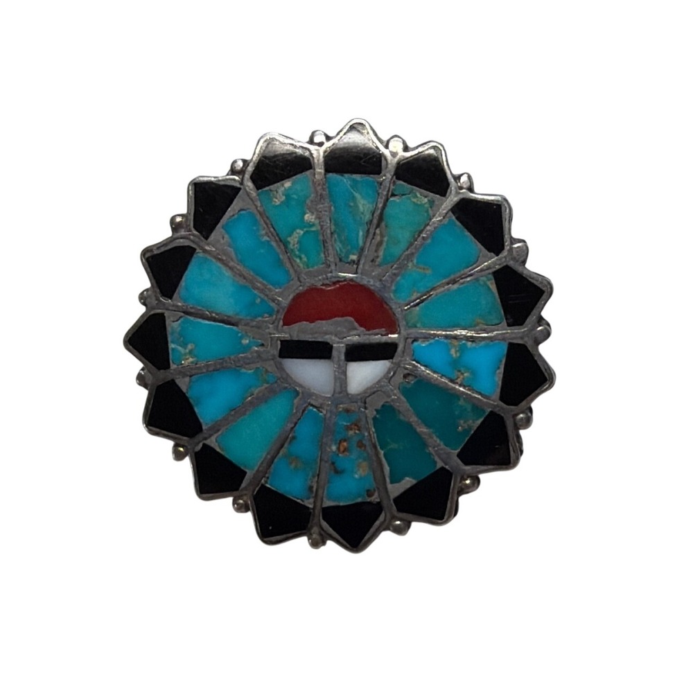 Vintage Sterling Silver Zuni Style Sunface Inlay Pendant Turquoise Coral‎ 1.25"